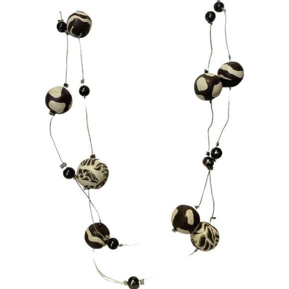 Vintage Black Beige Animal Print Beaded Silver Tone Strand Station Necklace 42” - Picture 1 of 7